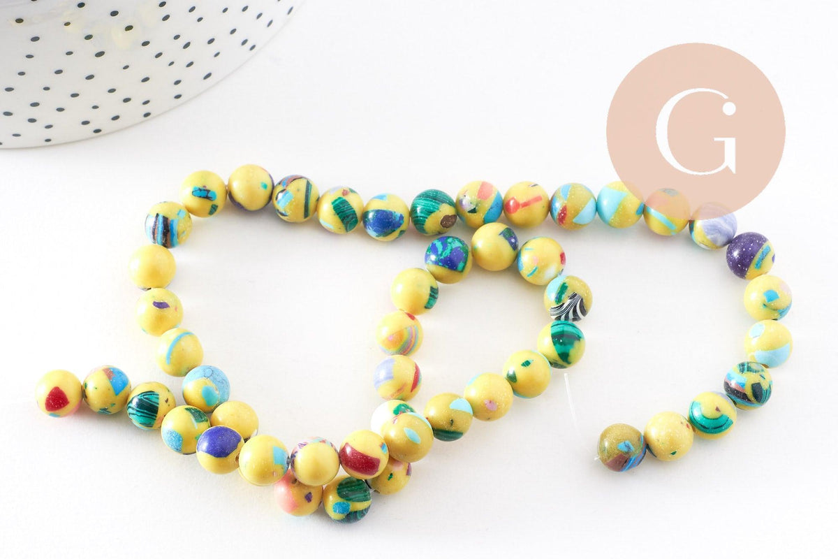 Perle résine ronde multicolore jaune, perle turquoise, turquoise synthétique, 8mm, fil de 40cm, x1 (G1702)