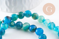 Perle ronde agate rayée bleu turquoise 8mm, x1 fil de 38cm (G3879)