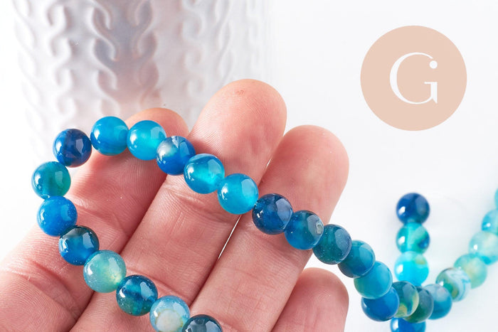Perle ronde agate rayée bleu turquoise 8mm, x1 fil de 38cm (G3879)