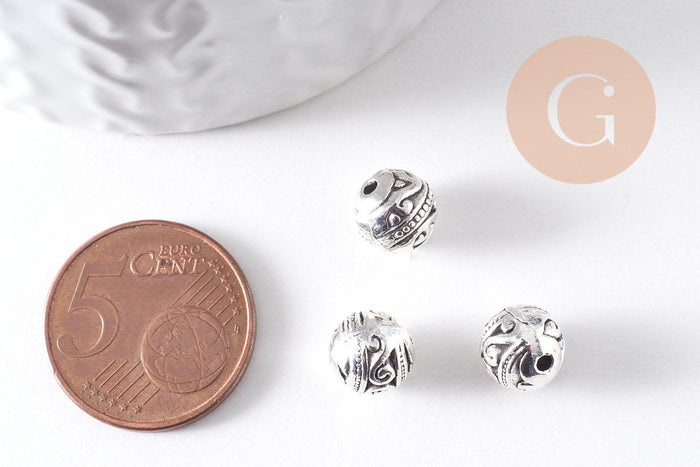 Perle ronde intercalaire zamac argent gravé 8mm, x10 (G10304)