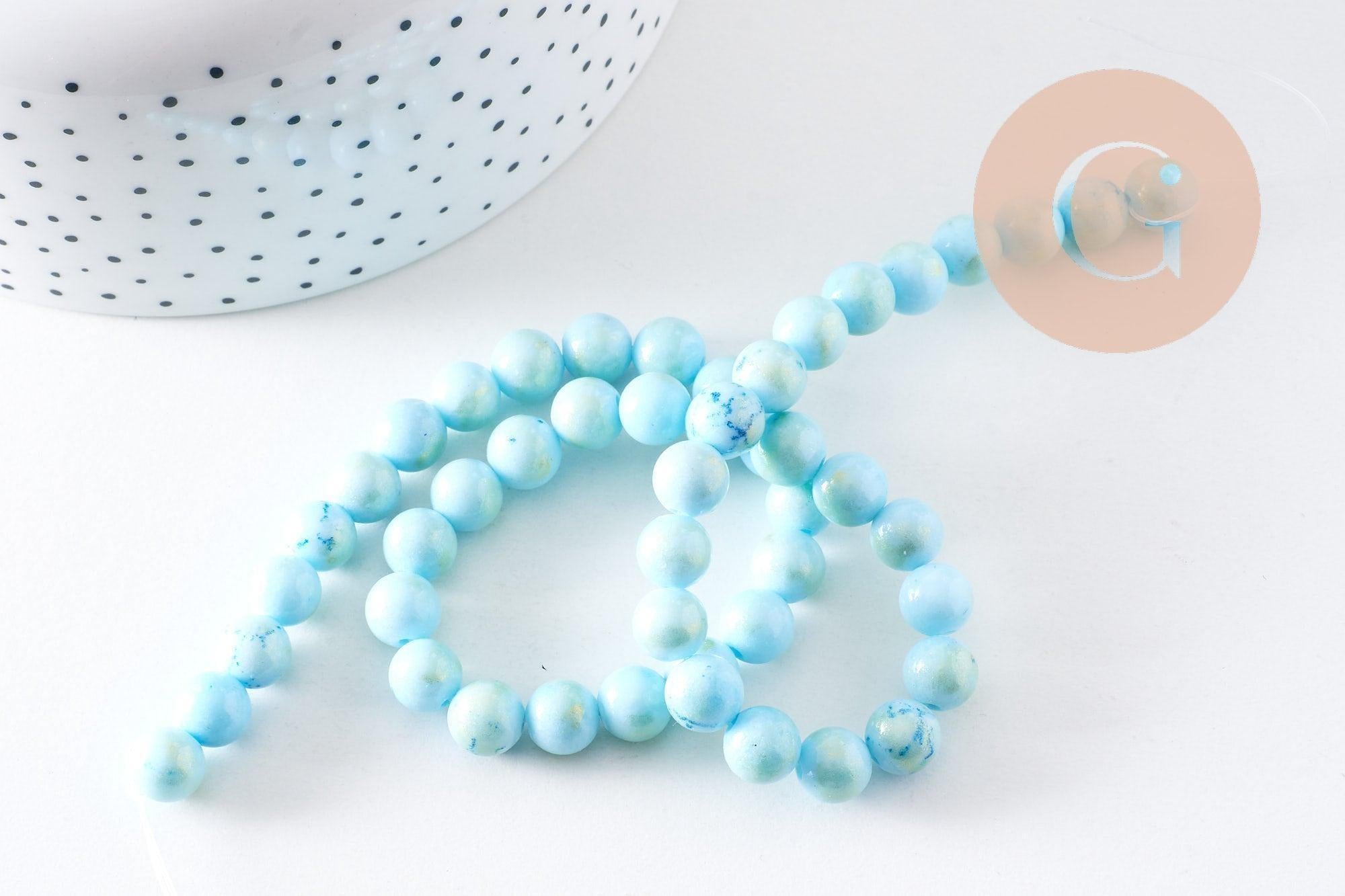Perle ronde jade naturel turquoise et or 8mm, x1 fil de 40cm (G5211)