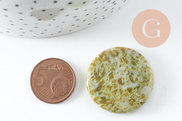 Perle ronde jade vert marbré feuille 29mm, création bijoux pierre, x1 G0518