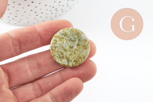 Perle ronde jade vert marbré feuille 29mm, création bijoux pierre, x1 G0518