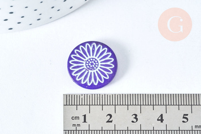 Perle ronde motif fleur marguerite bleue nacre 19.5mm, création bijou nacre, x1 (G6981)