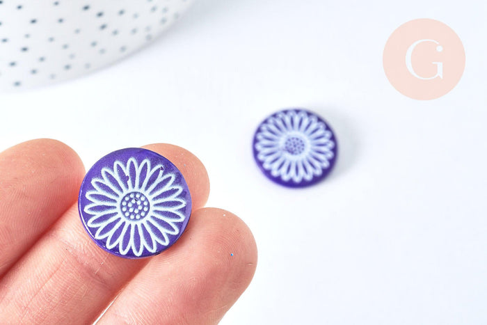 Perle ronde motif fleur marguerite bleue nacre 19.5mm, création bijou nacre, x1 (G6981)