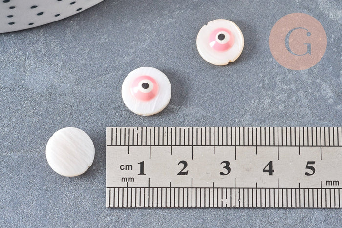 Perle ronde nacre naturelle oeil protecteur émail rose 12mm, le fil de 39.5cm, x1 (G6834)