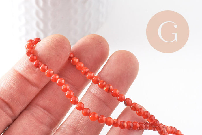 Perle ronde nacre naturelle teintée rouge 4mm, perles coquillage, x1 fil de 37.5cm (G9974)