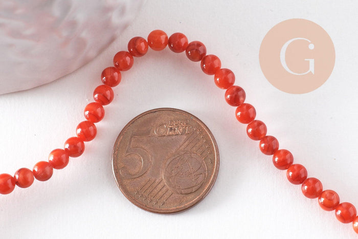 Perle ronde nacre naturelle teintée rouge 4mm, perles coquillage, x1 fil de 37.5cm (G9974)