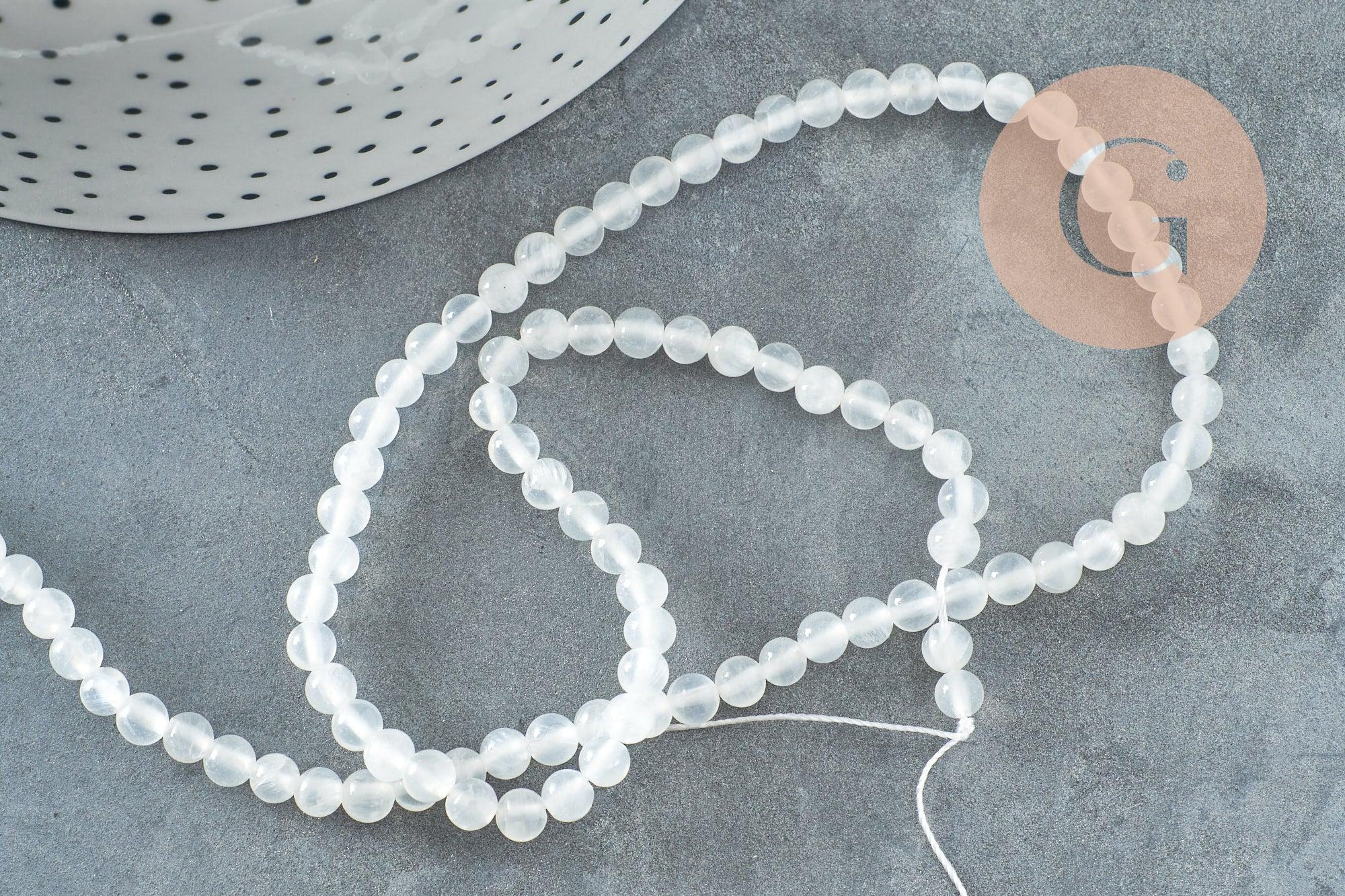 Perle ronde selenite naturelle 4mm x1 fil de 41cm (G4381)