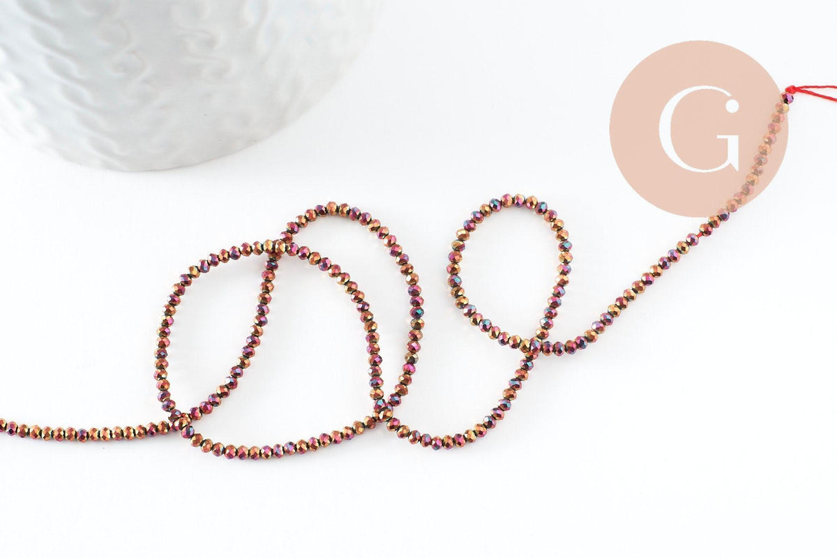 Perle ronde verre facettée multicolore pourpre irisée 2mm, x1 fil de 35cm (G7456)