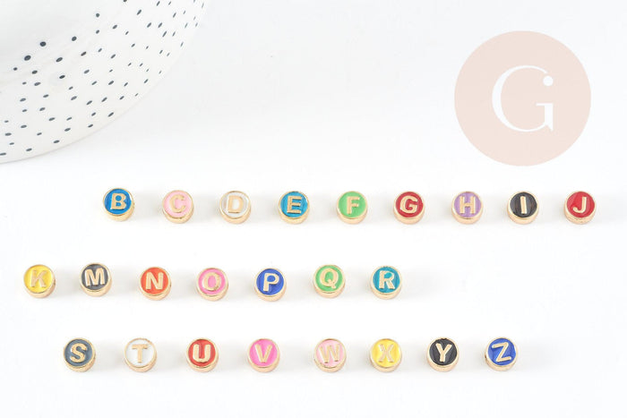 Perle ronde zamac doré initiale émail multicolore 8mm, x1 (G4296)