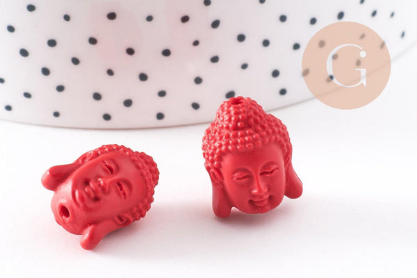 Perle tête de Bouddha résine rouge, perle inde bouddhisme spiritualité,perle voyage inde,18mm, x2 (G4167)