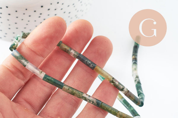 Perle tube agate mousse naturelle 13-14mm, x1 fil de 40cm (G2545)