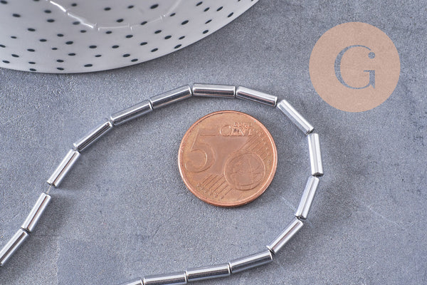 Perle tube hématite argentée 9.5mm, x1 fil de 19cm (G4484)