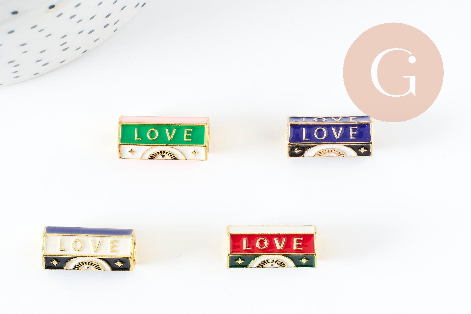 Perle tube talisman message "LOVE" émail coloré laiton doré 21.5 mm, x1 (G9415)