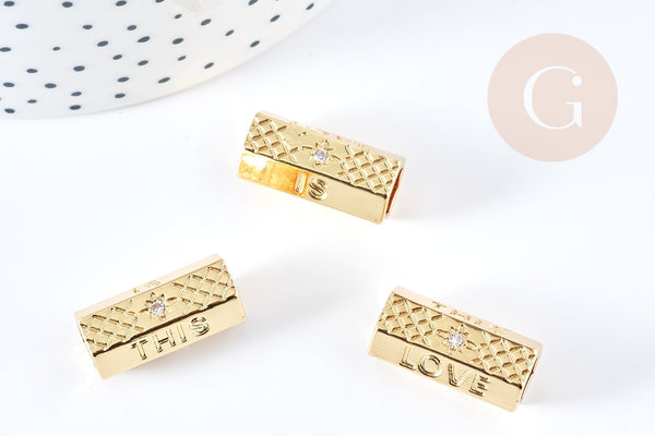 Perle tube talisman message THIS IS LOVE cristal laiton doré 21mm, perle dorée bijoux chance, x1 G7673