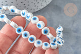 Perles Rondes plates porcelaine blanche mauvais œil bleu 8x5mm, bijou céramique, x10 (G8007)