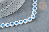 Perles Rondes plates porcelaine blanche mauvais œil bleu 8x5mm, bijou céramique, x10 (G8007)