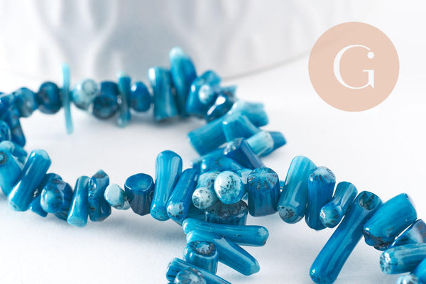Perles branche en corail naturel bleu teinté 3-12mm,perle coquillage, x1 fil 38cm (G0992)