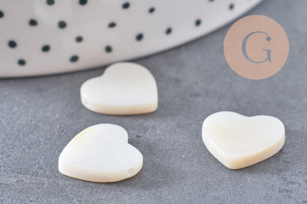 Perles coeur nacre blanche naturelle 13mm, x5 (G1073)