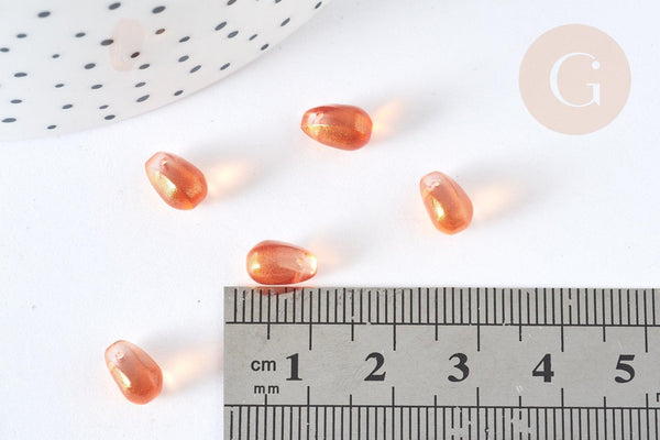 Perles cristal goutte orange paillettes dorées 9mm, x50 (G7290)
