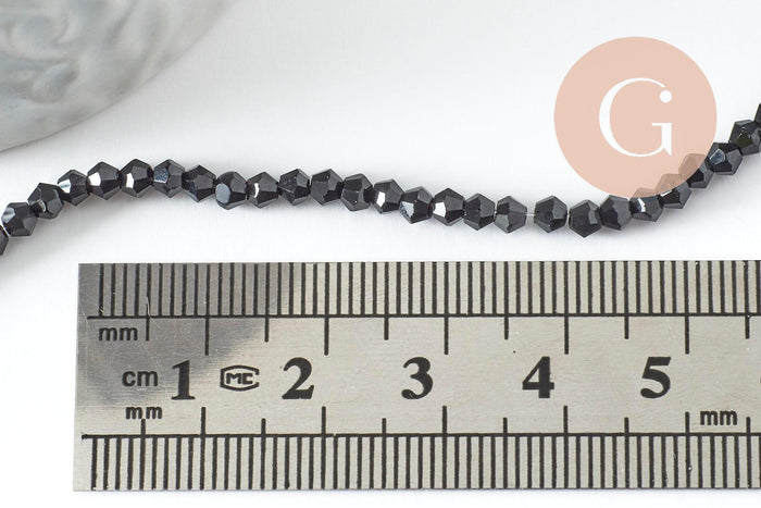 Perles cristal toupies à facette noir 2x3mm, x1 fil de 49cm (G4670)