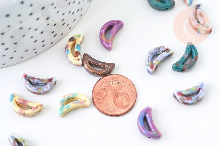 Perles en porcelaine lune 16mm émail multicolore, création bijoux porcelaine céramique, x5 (G5649)