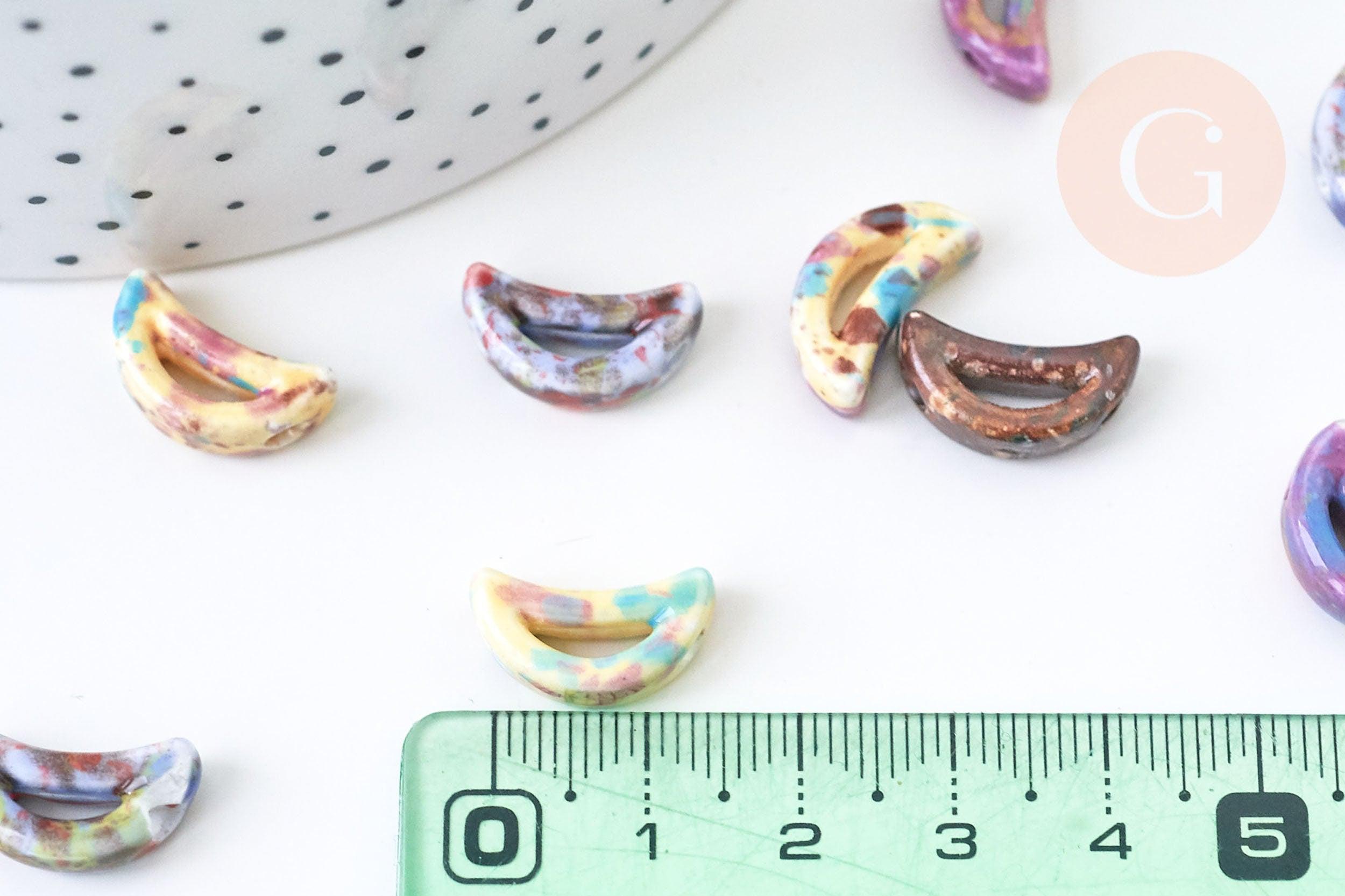 Perles en porcelaine lune 16mm émail multicolore, création bijoux porcelaine céramique, x5 (G5649)