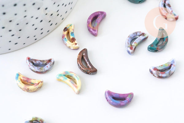 Perles en porcelaine lune 16mm émail multicolore, création bijoux porcelaine céramique, x5 G5649