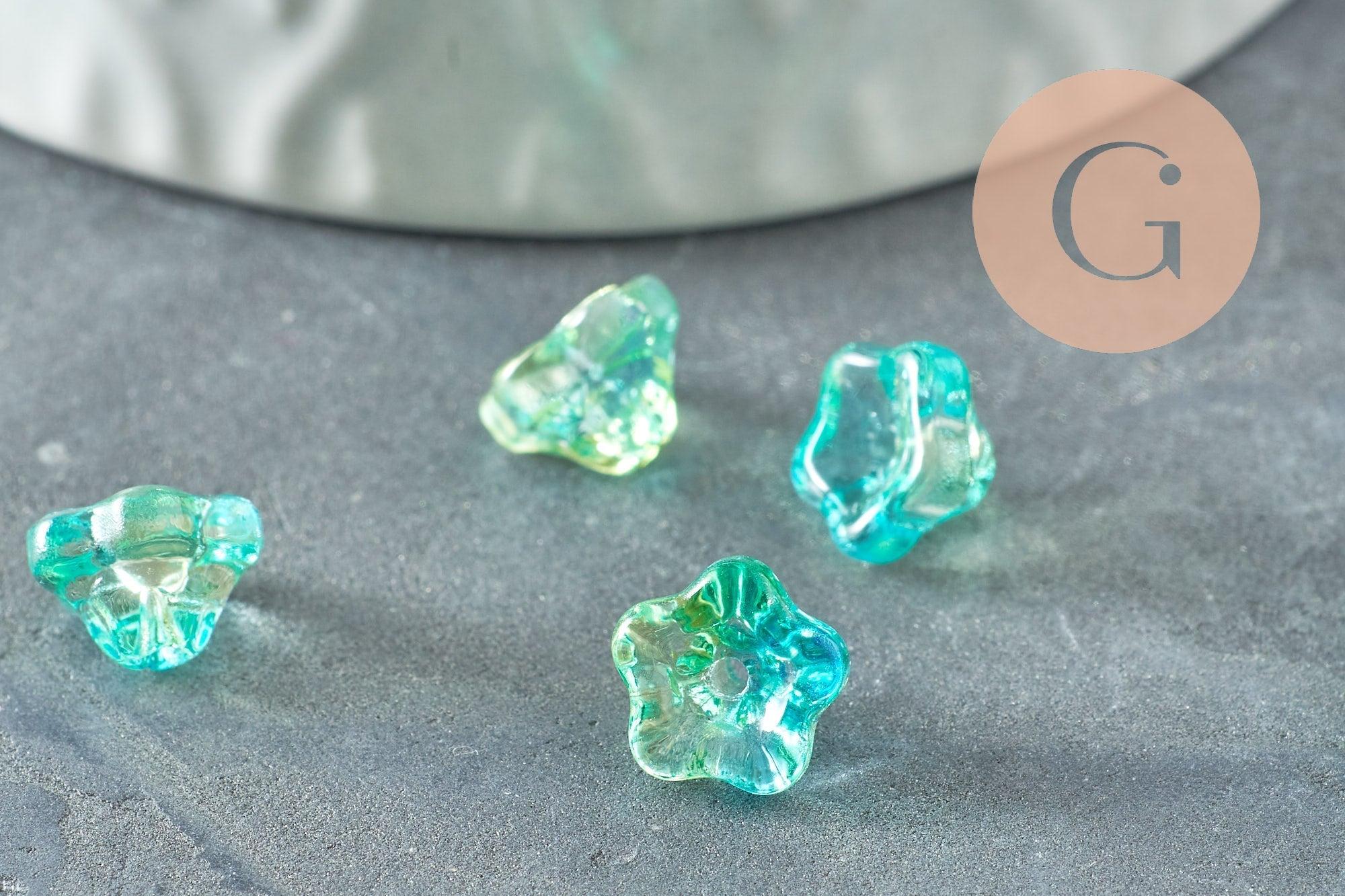 Perles fleur verre tchèque bleu vert transparent 8.5mm, x10 (G9836)