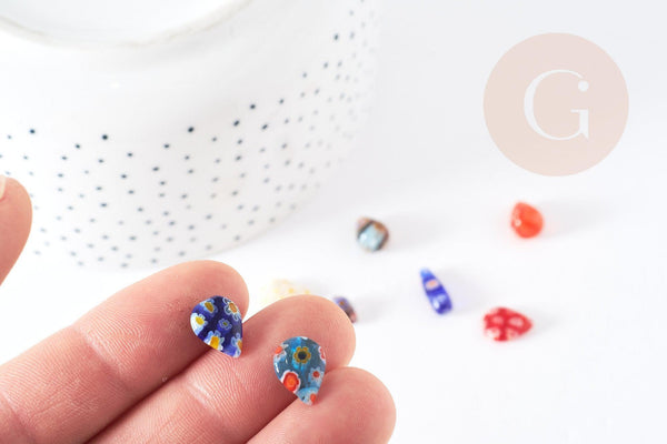 Perles goutte verre millefiori 10-17mm, perle verre artisanale verre pour création bijoux, x5 (G1943)