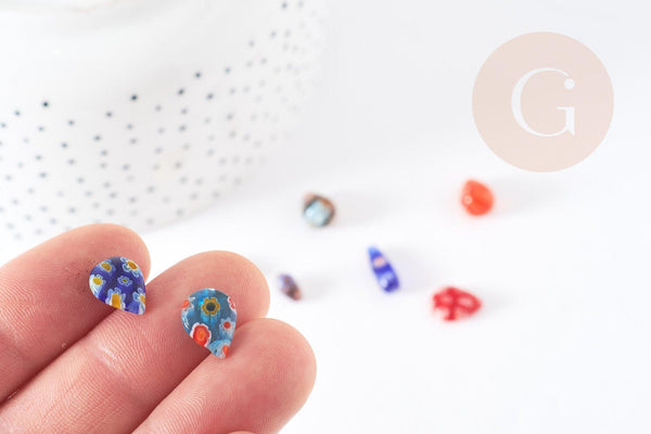 Perles goutte verre millefiori 10-17mm, perle verre artisanale verre pour création bijoux, x5 (G1943)