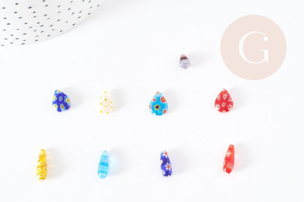 Perles goutte verre millefiori 10-17mm, perle verre artisanale verre pour création bijoux, x5 (G1943)