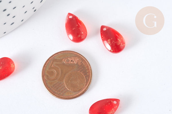 Perles gouttes verre transparent rouge paillettes dorées 14,5mm, perle, x5 (G7297)