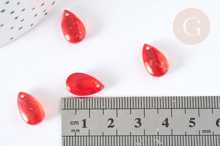 Perles gouttes verre transparent rouge paillettes dorées 14,5mm, perle, x5 (G7297)