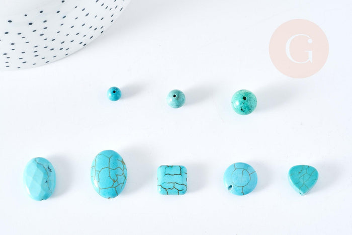 Perles howlite turquoise naturelle carrée goutte ronde disque, x5 (G1769)