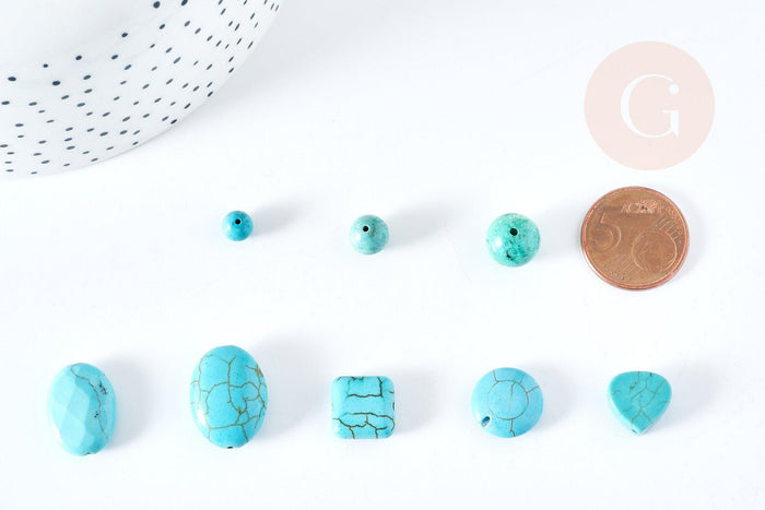 Perles howlite turquoise naturelle carrée goutte ronde disque, x5 (G1769)