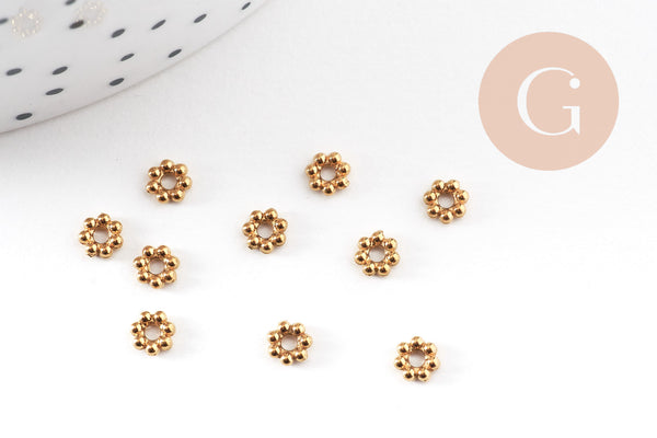 Perles intercalaires Rondelles fleurs acier 304 inoxydable doré IP 4mm, x10 (G10892)