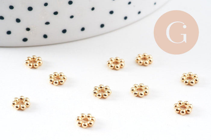 Perles intercalaires rondelles fleurs acier 304 inoxydable doré 18K 6mm, x10 (G10905)