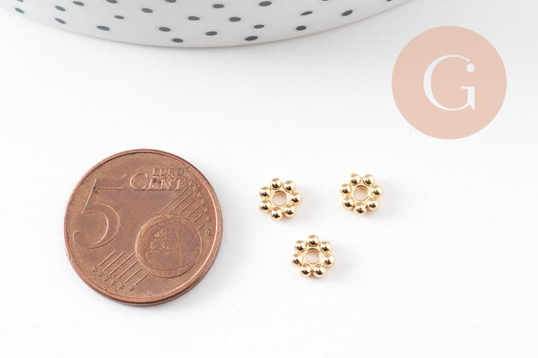 Perles intercalaires rondelles fleurs acier 304 inoxydable doré 18K 6mm, x10 (G10905)