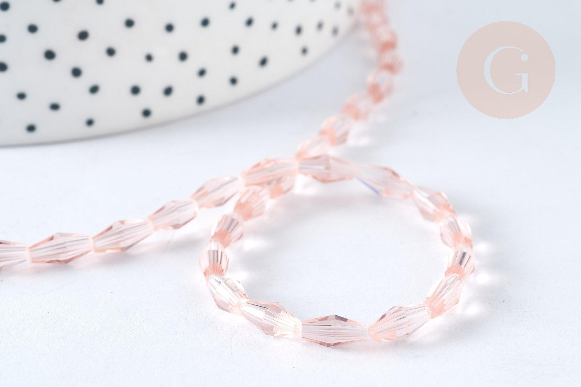 Perles losanges verre facettées transparente rose clair 8x4mm, cristal, fil de 58.4cm, x1 (G7329)