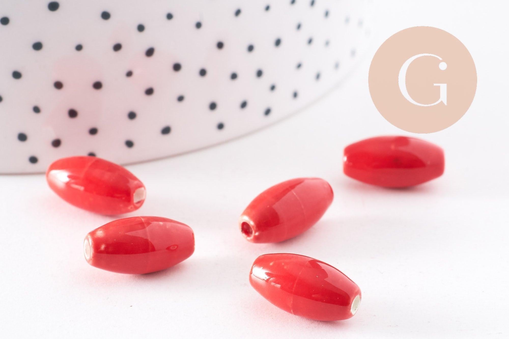 Perles ovales porcelaine rouge,perles céramique, porcelaine émaillée, 1.6cm, x5 (G5380)