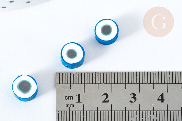 Perles polymère rondes plates bleu royal mauvais oeil 10,5-12mm, x5 (G7204)