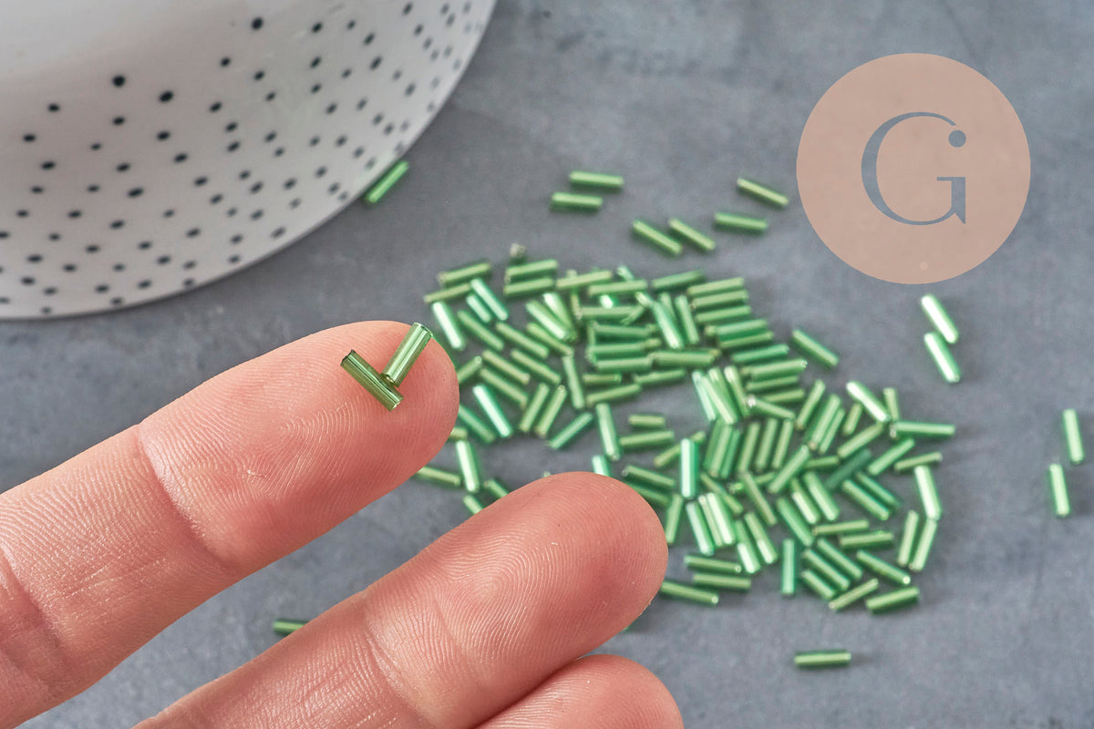 Green tube seed beads, green seed beads, metallic green beads, long tube, 6mm x 2mm, x 5gr G2691