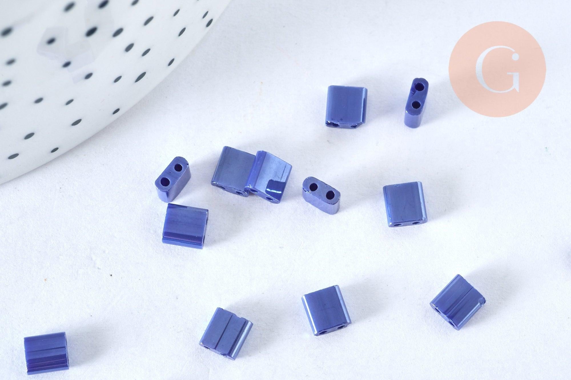 Perles rocaille carré verre rectangle bleu irisé, perle carré création bracelet, perle tila,4.5mm,2 trous, x50 (4.8GR) (G6814)