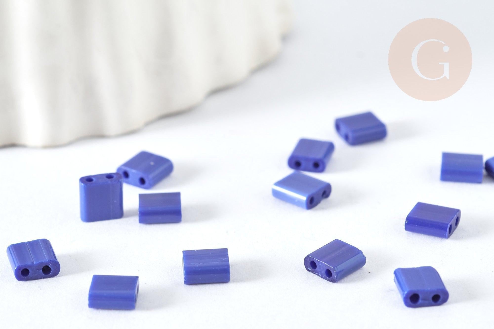 Perles rocaille carré verre rectangle bleu roi opaque,création bracelet, perle tila,4.5mm,2 trous, x50 (4.8GR) (G7488)