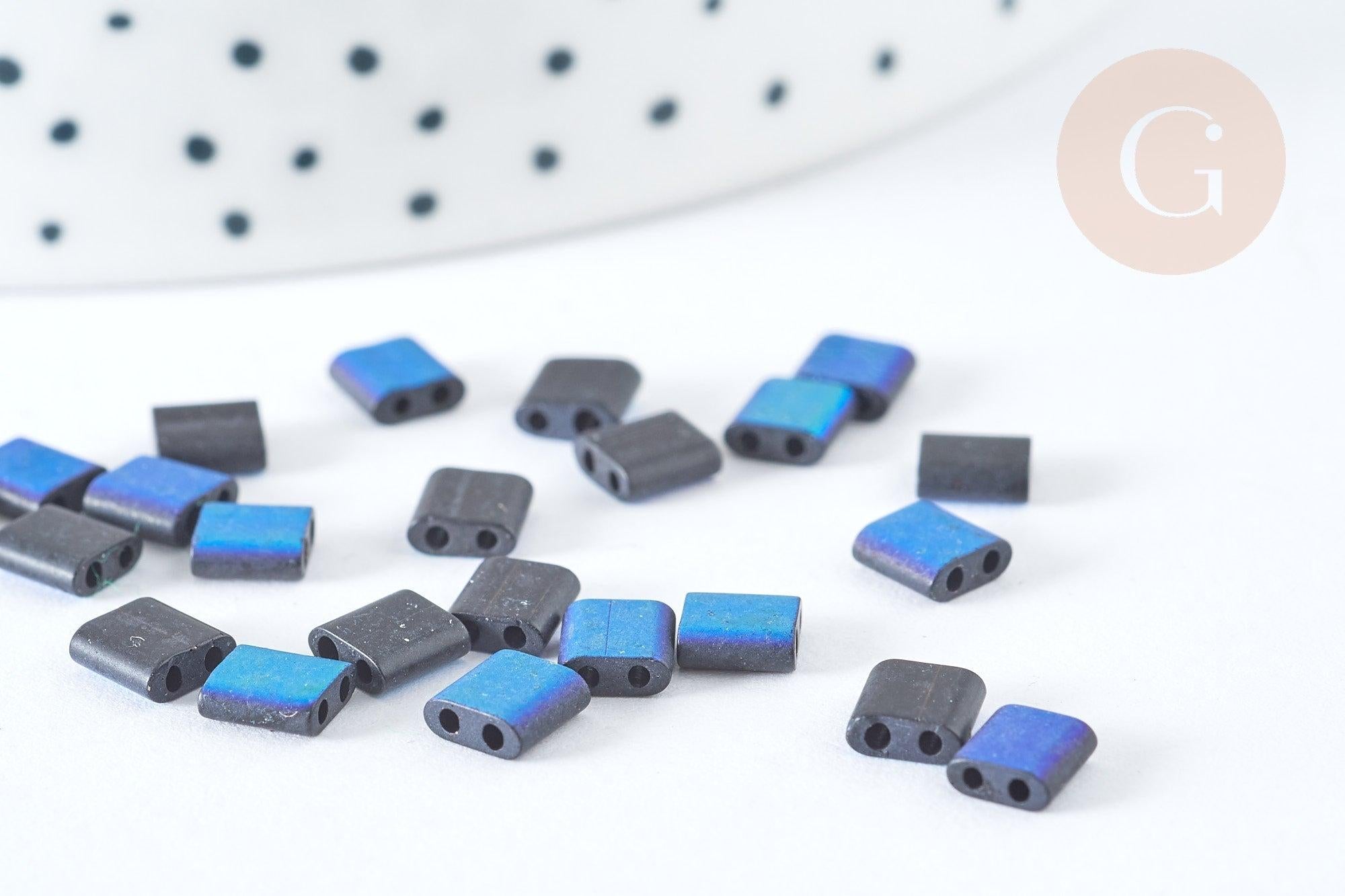 Perles rocaille carré verre rectangle noir mat bleu irisé opaque,création bracelet, perle tila,4.5mm,2 trous, x50 (4.8GR) G7481)
