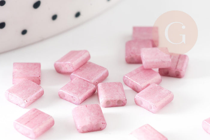 Perles rocaille carré verre rectangle rose nacré façon tila 2 trous 4.5mm, x50 (4.8GR) (G7750)