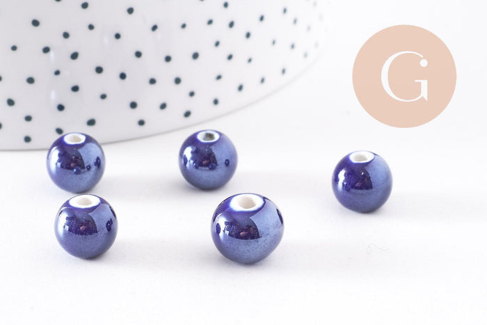Perles ronde porcelaine bleu irisé,perle ronde bleu canard, porcelaine bleue, 1cm, x5 (G1162)
