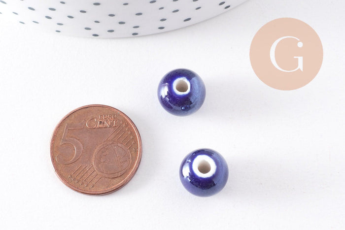 Perles ronde porcelaine bleu irisé,perle ronde bleu canard, porcelaine bleue, 1cm, x5 (G1162)